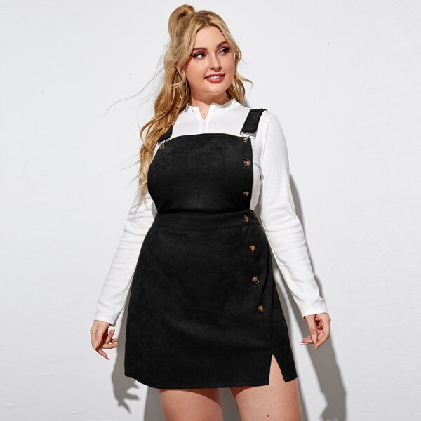 

Plus Solid Corduroy Button Detail Overall Dress, Black