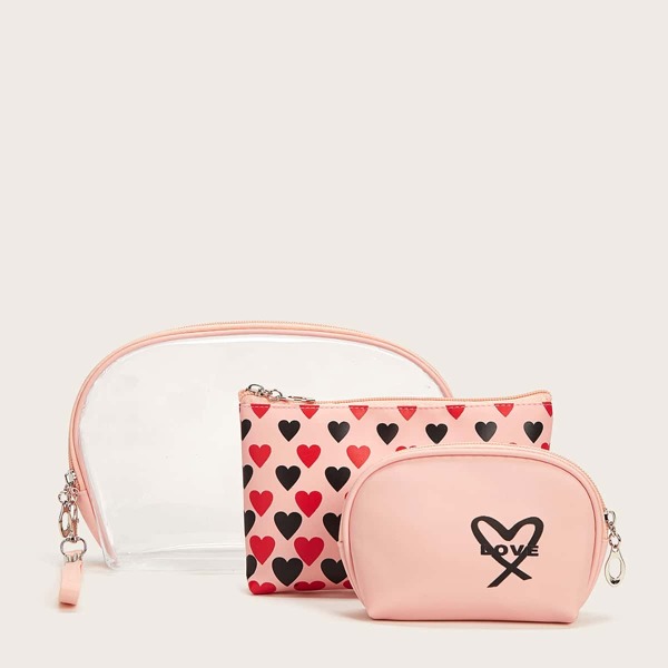 

3pcs Heart Print Makeup Bag Set, Multicolor