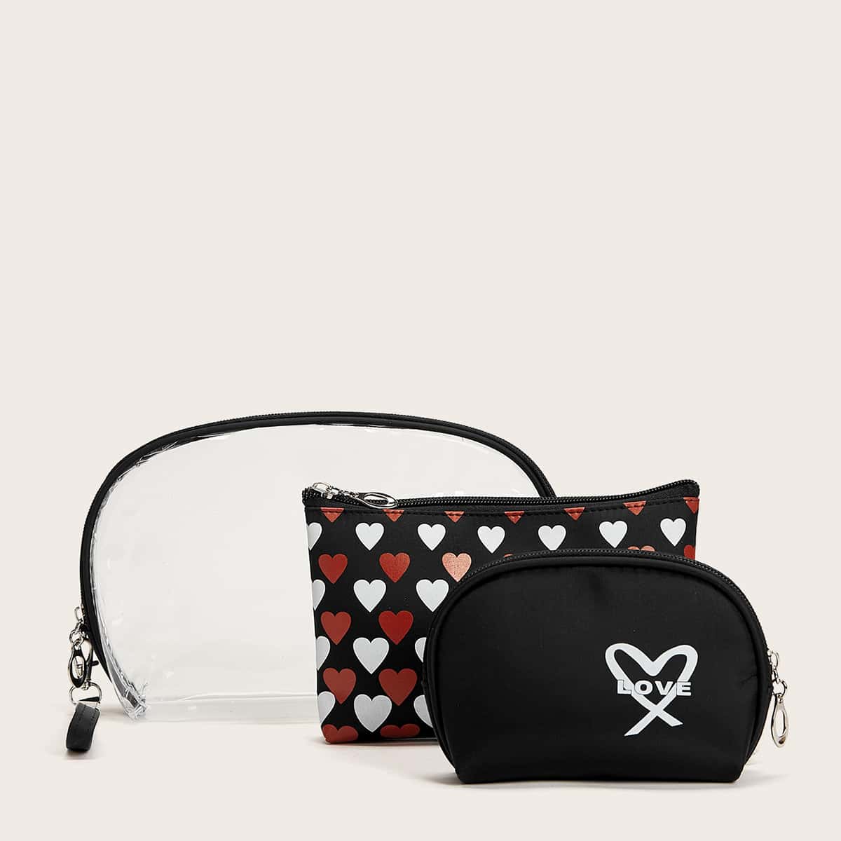 

3pcs Heart Print Makeup Bag Set, Multicolor