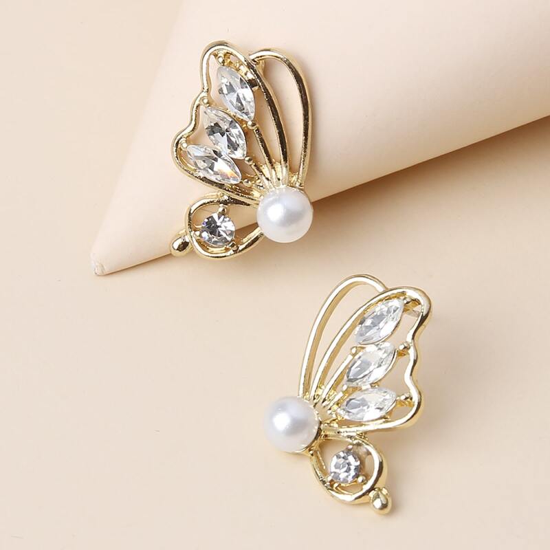 

Rhinestone & Faux Pearl Butterfly Stud Earrings, Gold