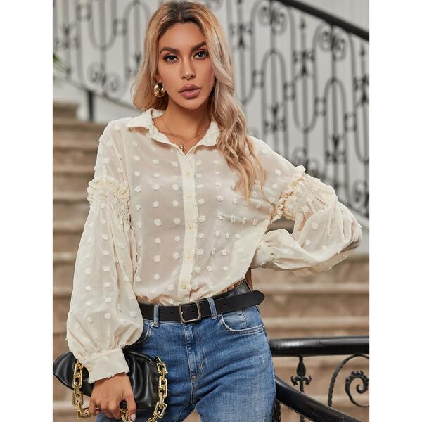 

Swiss Dot Frill Trim Blouse, Beige