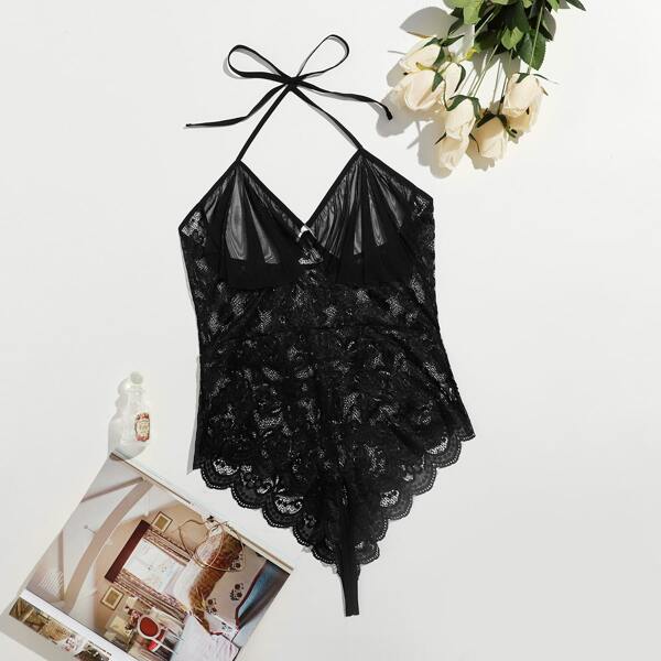 

Plus Floral Lace Halter Teddy Bodysuit, Black