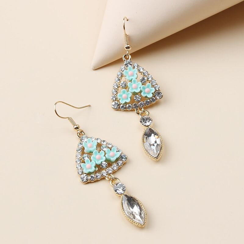 

Rhinestone Floral Triangle Drop Earrings, Baby blue