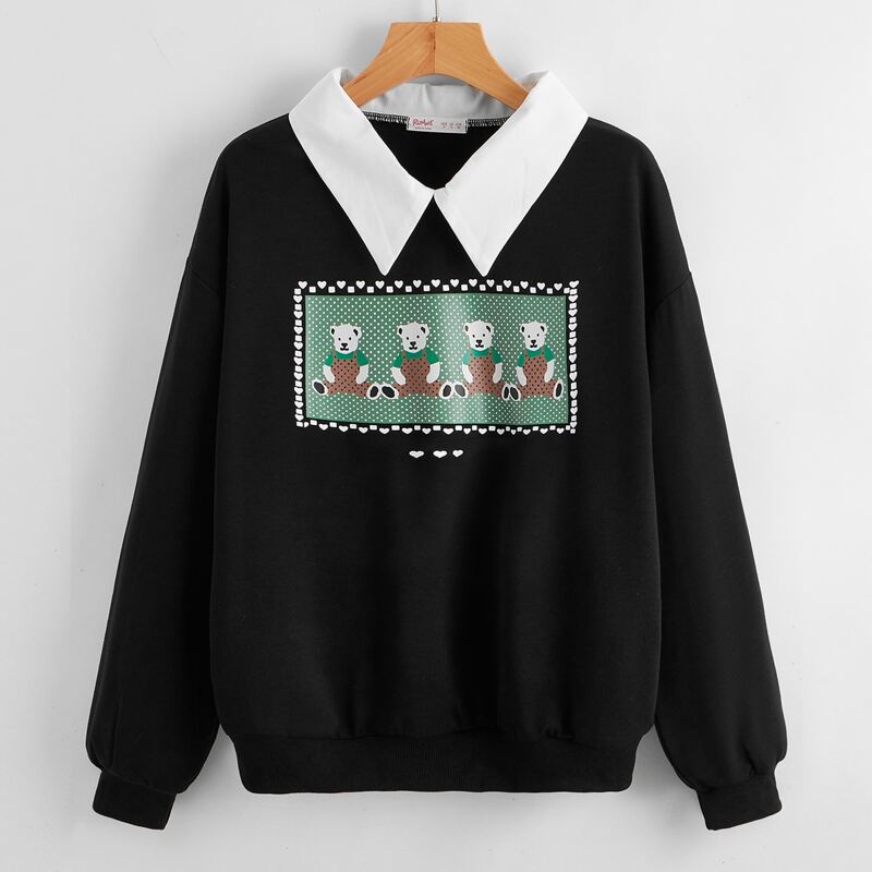 

Bear Graphic Contrast Collar Sweatshirt, Black
