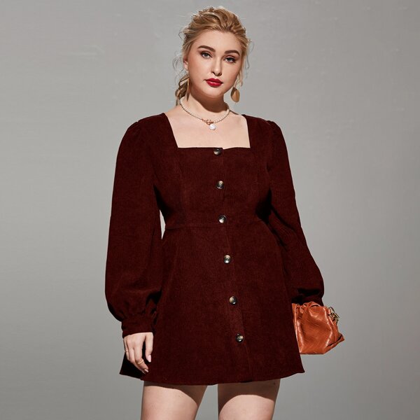

Plus Square Neck Button Through Corduroy Dress, Maroon