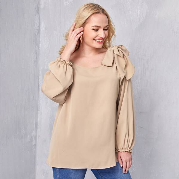 

Plus Bow Tie Frill Cuff Top, Khaki