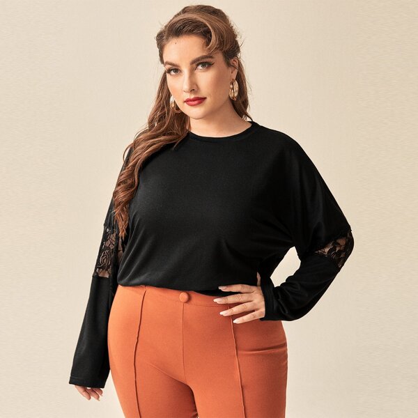 

Plus Contrast Lace Solid Tee, Black