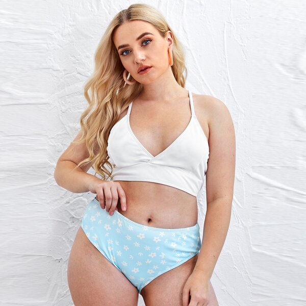 

Plus Floral Rib Bikini Swimsuit, Blue and white