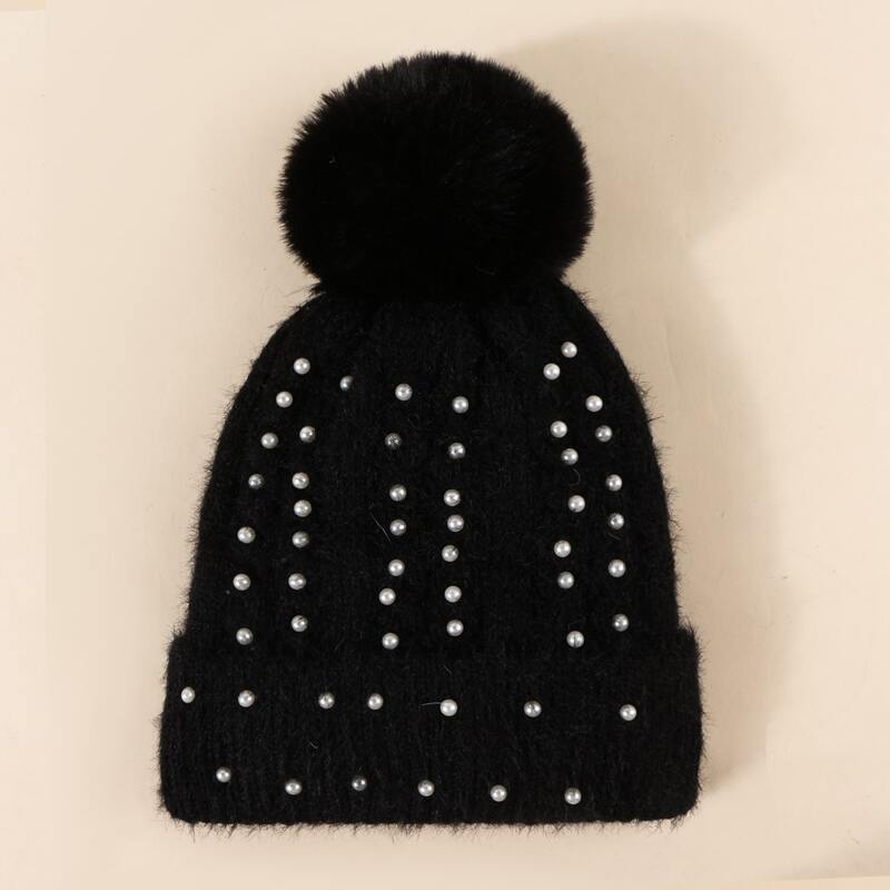 

Faux Pearl Pom Pom Knit Beanie, Black