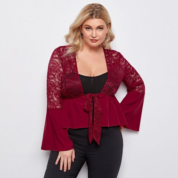 

Plus Tie Front Lace Panel Top Without Cami Top, Rose red