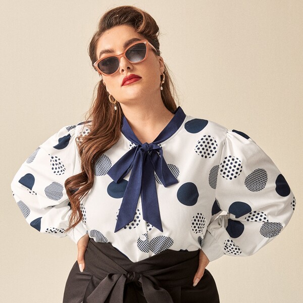 

Plus Tie Neck Polka Dot Blouse, Blue and white