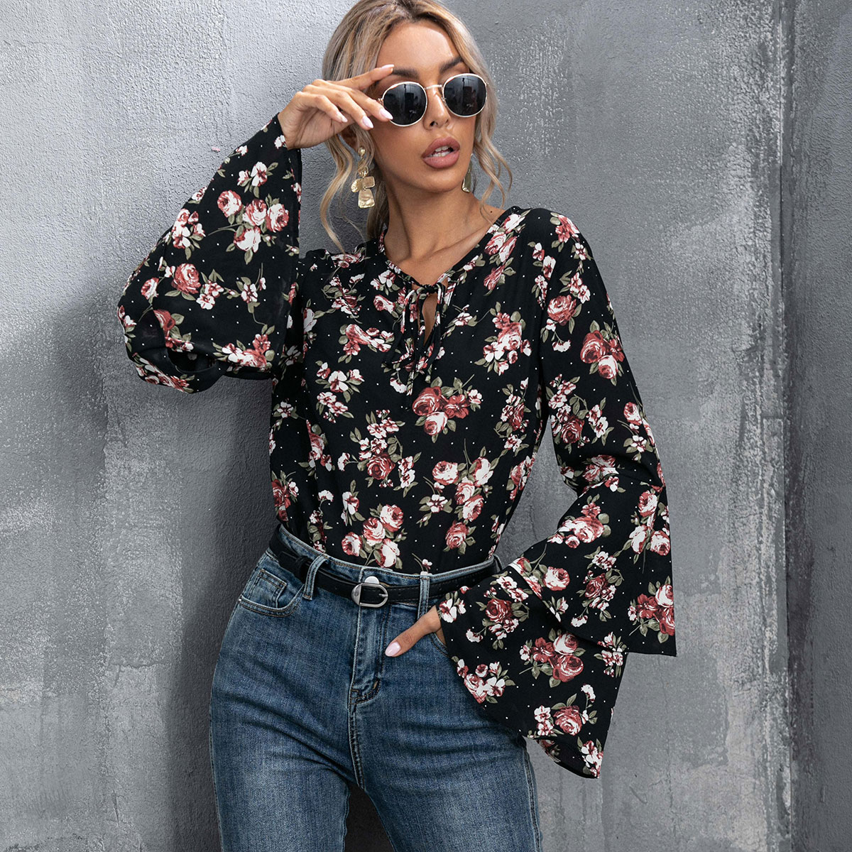 Image of Allover Floral Tie Neck Blouse