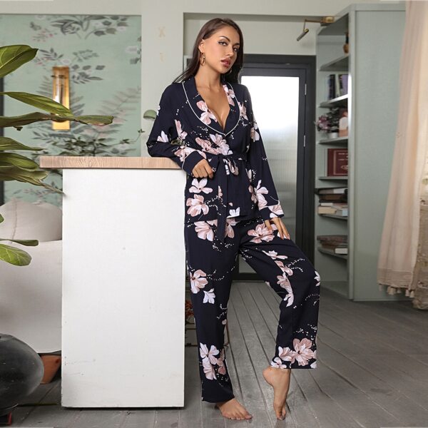 

Floral Print Shawl Neck Belted PJ Set, Multicolor