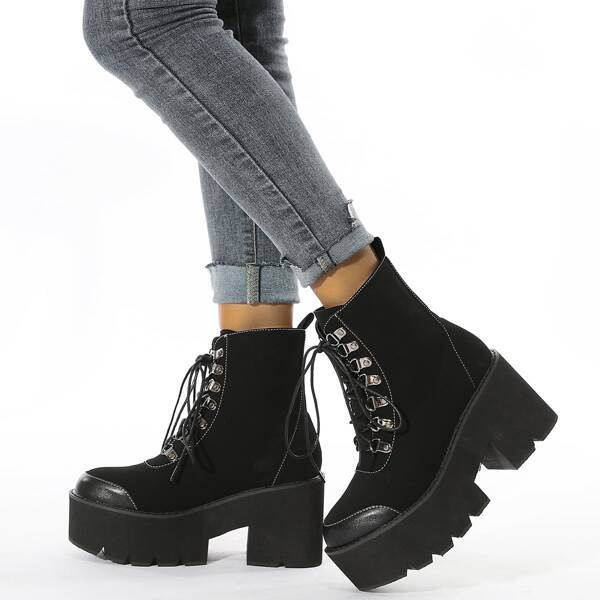 

Lace Up Front Chunky Heeled Boots, Black
