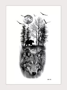 1sheet Wolf Pattern Tattoo Sticker - Black - View 1