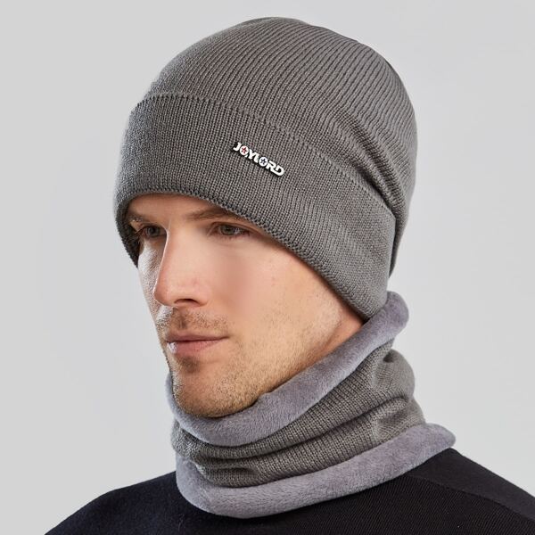 

Men Letter Decor Knit Beanie & Scarf, Dark grey