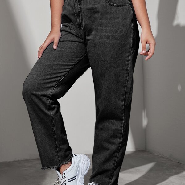

Plus Raw Hem Solid Jeans, Black