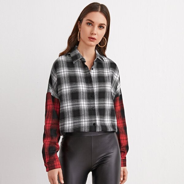 

Plaid Colorblock Button Through Blouse, Multicolor