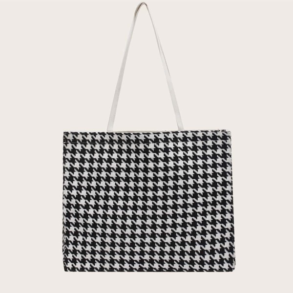 

Large Capacity Houndstooth Pattern Tote Bag, Black and white