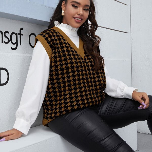 

Plus Houndstooth V-neck Rib Sweater Vest, Multicolor
