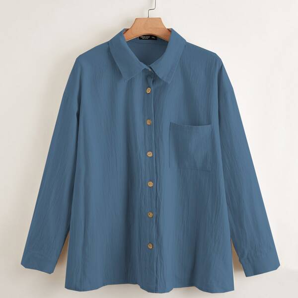 

Plus Button Front Pocket Blouse, Dusty blue