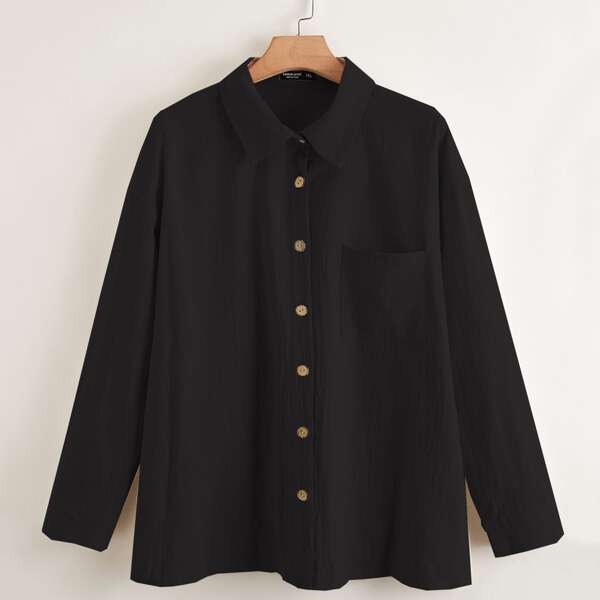 

Plus Button Front Pocket Blouse, Black
