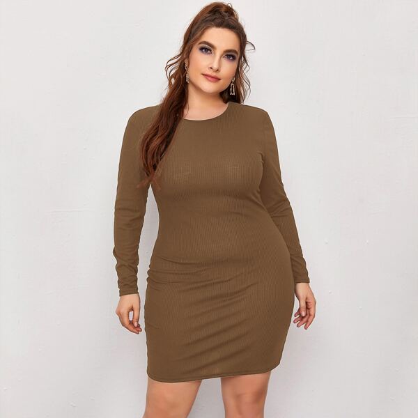 

Plus Solid Rib-Knit Tee Dress, Mocha brown