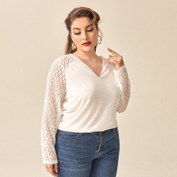 

Plus Contrast Lace Sleeve V Neck Tee, White