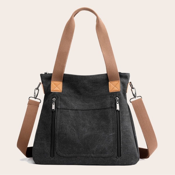 

Zip Front Shoulder Tote Bag, Black