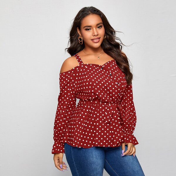 

Plus Cold Shoulder Polka Dot Tie Front Blouse, Burgundy