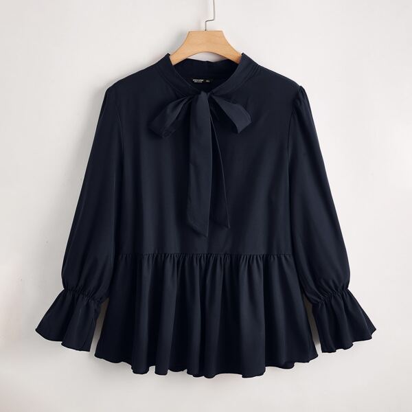 

Plus Solid Tie Neck Babydoll Blouse, Navy blue