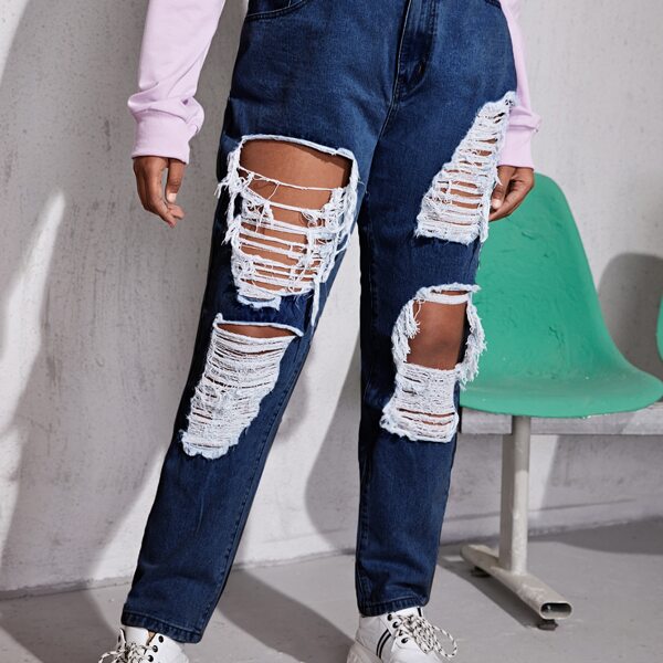 

Plus Bleach Wash Destroyed Ripped Jeans, Dark wash