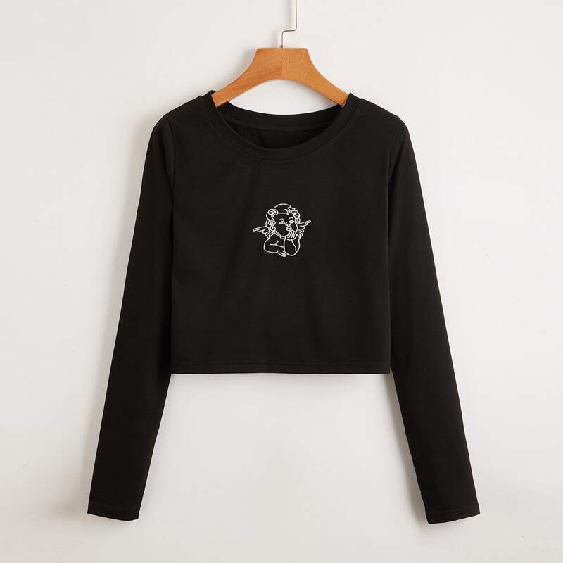 

Angel Embroidery Crop Tee, Black