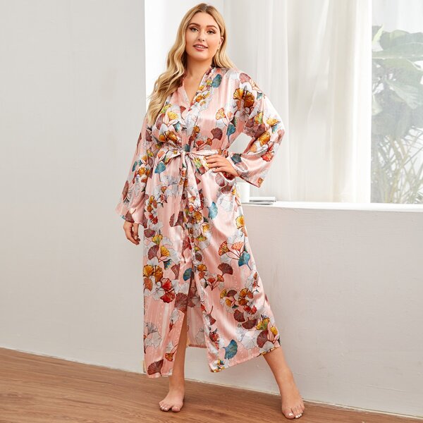 

Plus Satin Plants Print Belted Robe, Multicolor