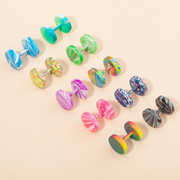 

10pcs Men Round Design Stud Earrings, Multicolor