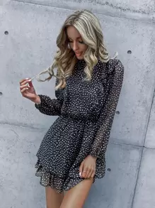 Aveloria Confetti Print Keyhole Back Ruffle Trim Dress,Ladies Casual Ruffle,Ruffle Hem,Ruffle Neck Long Sleeve Stand Collar Regular Fit Short Black Regular Sleeve All Over Print A Line Women Short Dresses,Spring/Fall,Casual Daily Wear - Black - View 1