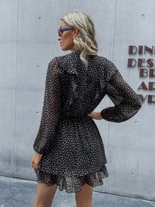 Aveloria Confetti Print Keyhole Back Ruffle Trim Dress,Ladies Casual Ruffle,Ruffle Hem,Ruffle Neck Long Sleeve Stand Collar Regular Fit Short Black Regular Sleeve All Over Print A Line Women Short Dresses,Spring/Fall,Casual Daily Wear - Black - View 2