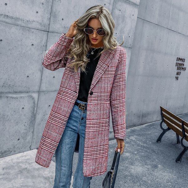 

Lapel Collar Plaid Single Button Overcoat, Red and white