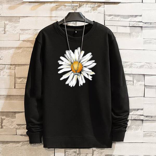 

Men Daisy Floral Sweatshirt Without Necklace, Black