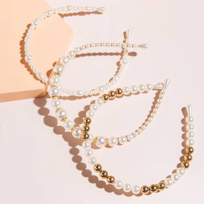

3pcs Faux Pearl Decor Hair Hoop, Multicolor