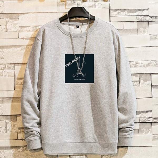 

Men Eiffel Tower And Letter Graphic Sweatshirt Without Necklace, Light grey