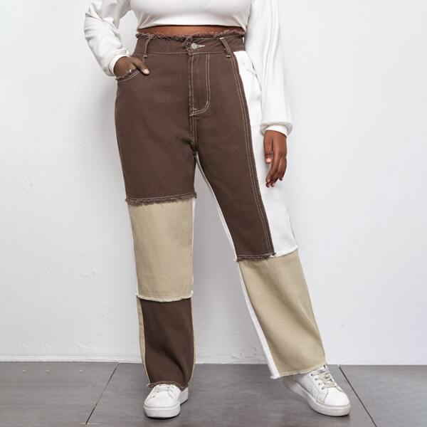 

Plus Cut And Sew Raw Trim Jeans, Multicolor