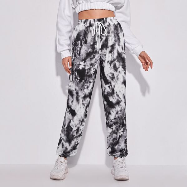 

Drawstring Waist Tie Dye Sweatpants, Black and white
