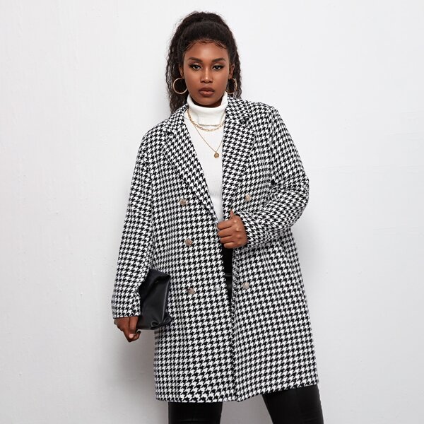 

Plus Houndstooth Lapel Collar Double Breasted Coat, Black and white
