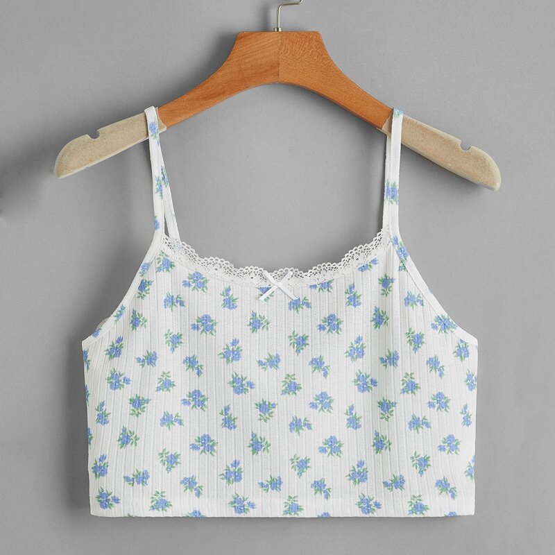 

Ditsy Flower Contrast Lace Crop Cami, Blue and white