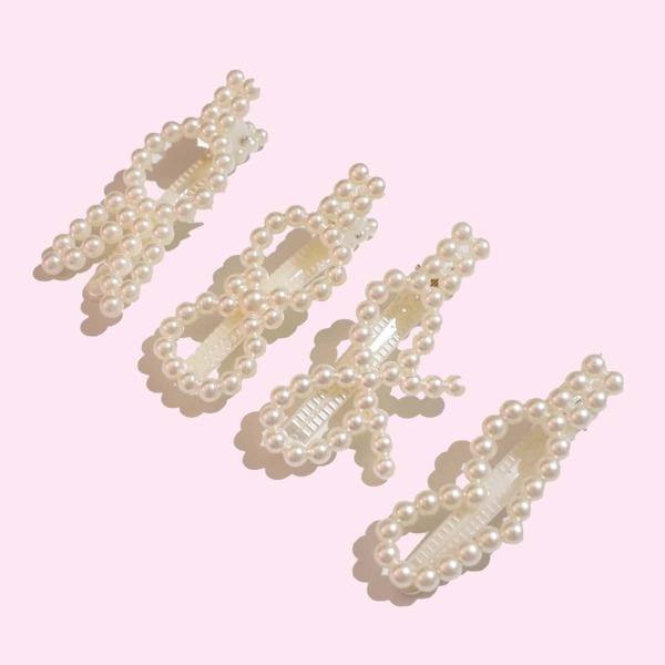 

4pcs Girls Faux Pearl Decor Hair Clip, Beige