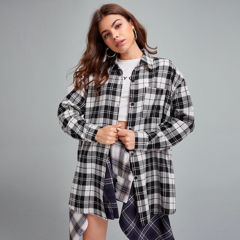 

Plaid Button Front Pocket Overshirt, Multicolor