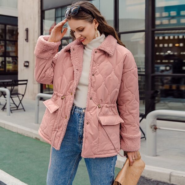 

Press Button Drawstring Waist Teddy Lining Coat, Pastel dusty pink