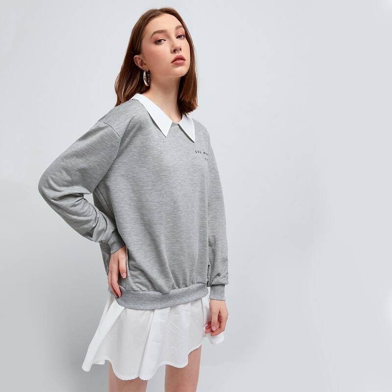 

Letter Contrast Collar Sweatshirt Dress, Light grey