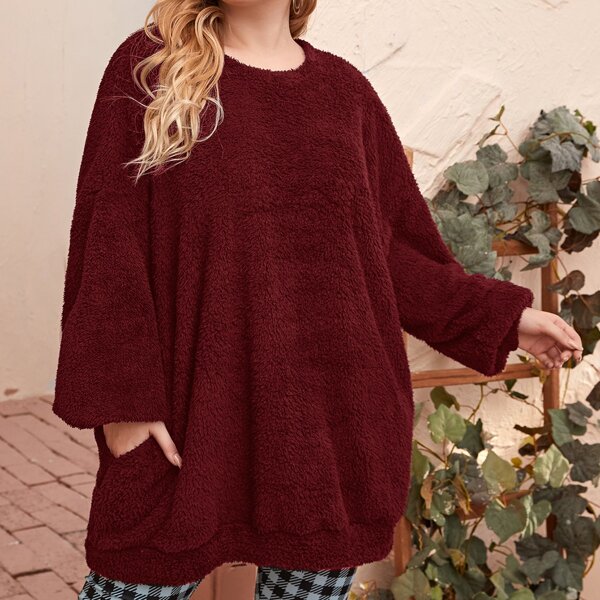 

Plus Solid Pocket Detail Oversized Teddy Sweatshirt, Burgundy